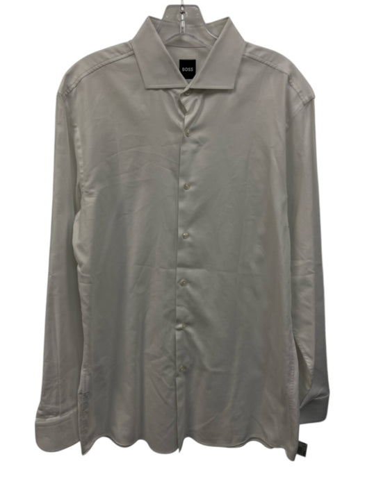 Boss Size L White Cotton Twill Button Up Spread Collar Men's Long Sleeve Shirt White / L