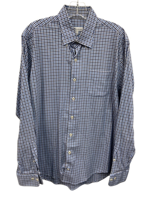 Peter Millar Size L Blue & White Synthetic Plaid Button Up Long Sleeve Shirt Blue & White / L