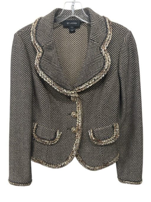 St. John Size S / 6 Brown & Beige Wool Blend Chevron Stripe Fringe Trim Jacket Brown & Beige / S / 6