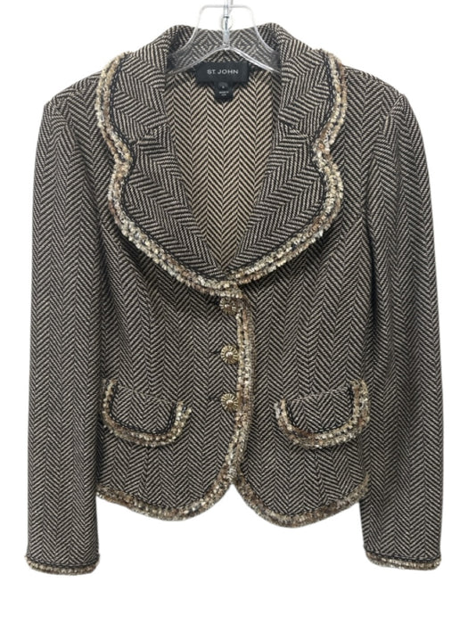 St. John Size S / 6 Brown & Beige Wool Blend Chevron Stripe Fringe Trim Jacket Brown & Beige / S / 6