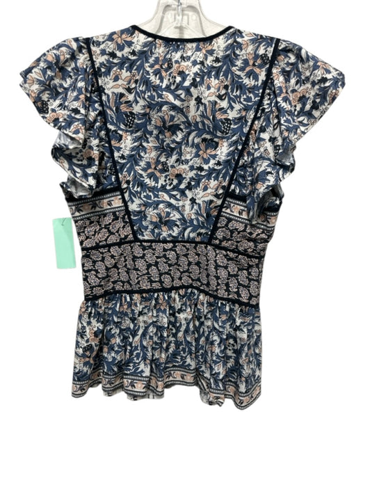 Sea New York Size 0 White, Blue & Black Cotton Botanical Ruffle Cap Sleeve Top White, Blue & Black / 0