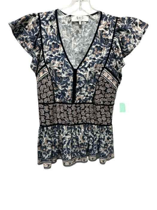 Sea New York Size 0 White, Blue & Black Cotton Botanical Ruffle Cap Sleeve Top White, Blue & Black / 0