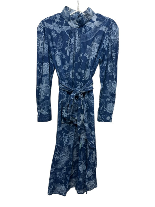 Matta Size XS Mixed Blues Cotton Botanical Long Sleeve Keyhole Back Dress Mixed Blues / XS