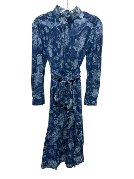 Matta Size XS Mixed Blues Cotton Botanical Long Sleeve Keyhole Back Dress Mixed Blues / XS