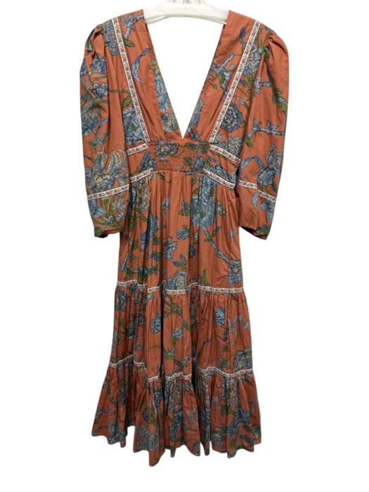 Love The Label Size XS Orange, Blue & Green Cotton Floral V Neck Dress Orange, Blue & Green / XS