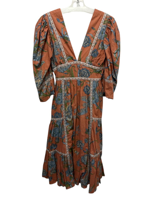Love The Label Size XS Orange, Blue & Green Cotton Floral V Neck Dress Orange, Blue & Green / XS