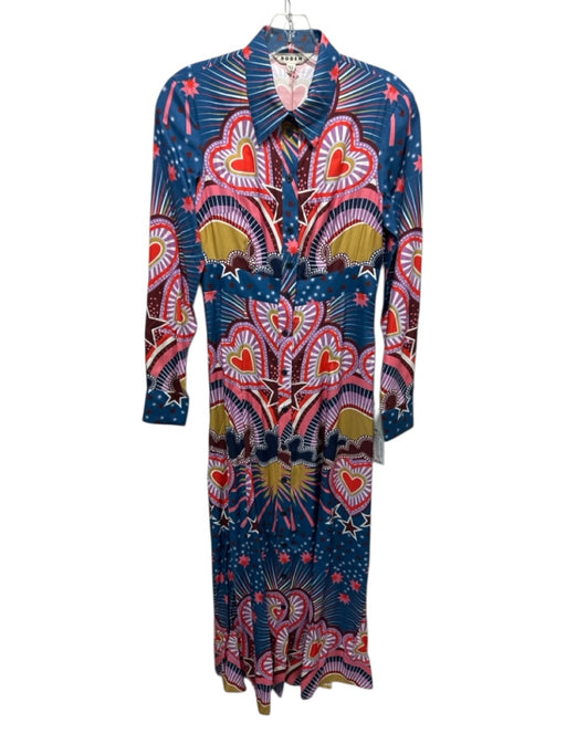 Boden Size 0 Blue & Pink Viscose Long Sleeve Hearts & Stars Button Front Dress Blue & Pink / 0