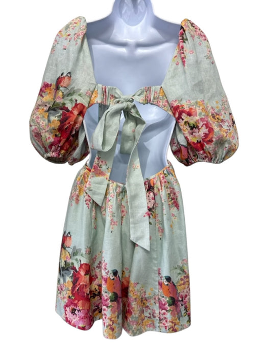 Zimmermann Size 0P Mint Green & Multi Linen Flora & Fauna Bird Print Dress Mint Green & Multi / 0P