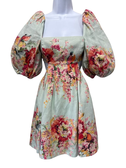Zimmermann Size 0P Mint Green & Multi Linen Flora & Fauna Bird Print Dress Mint Green & Multi / 0P