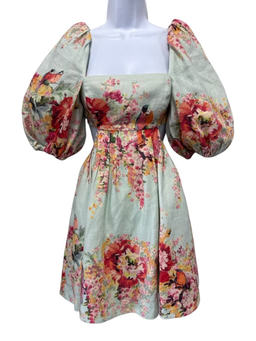 Zimmermann Size 0P Mint Green & Multi Linen Flora & Fauna Bird Print Dress Mint Green & Multi / 0P