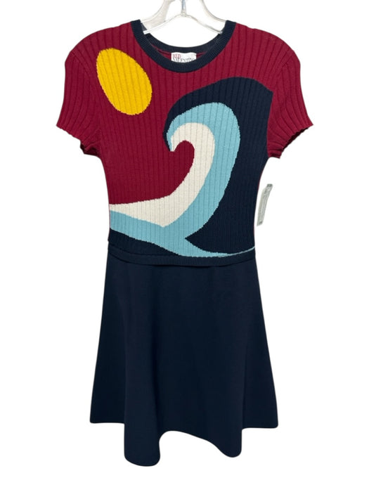 Red Valentino Size XS Navy Blue & Red Viscose Blend Ribbed Knit Sun & Wave Dress Navy Blue & Red / XS