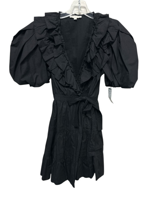 Love The Label Size XS Black Cotton Short Puff Sleeve Wrap Ruffle Detail Dress Black / XS