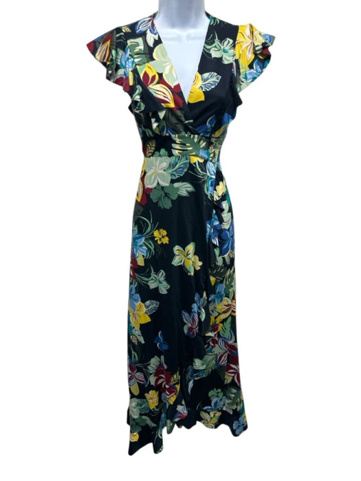 Alexis Size XS Black & Multi Cotton Botanical Print Ruffle Cap Sleeve Wrap Dress Black & Multi / XS