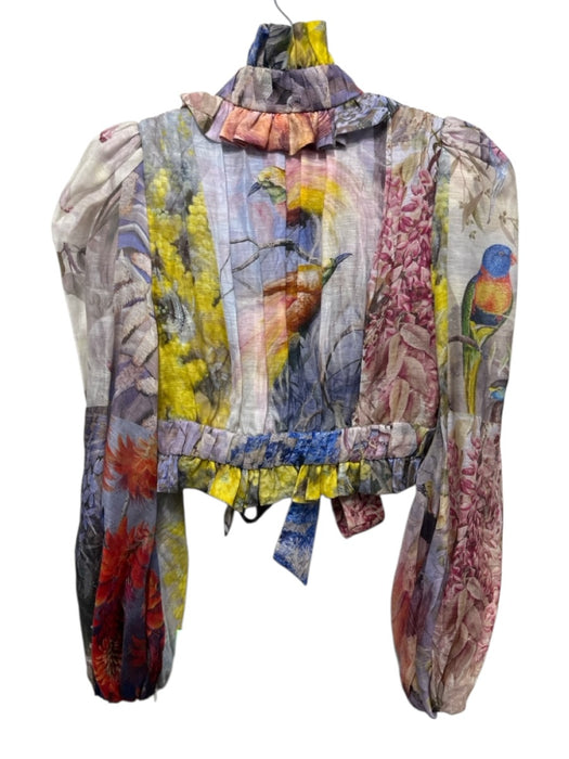 Zimmermann Size 0 Multi Linen & Silk Bird Print Long Balloon Sleeve Crop Top Multi / 0