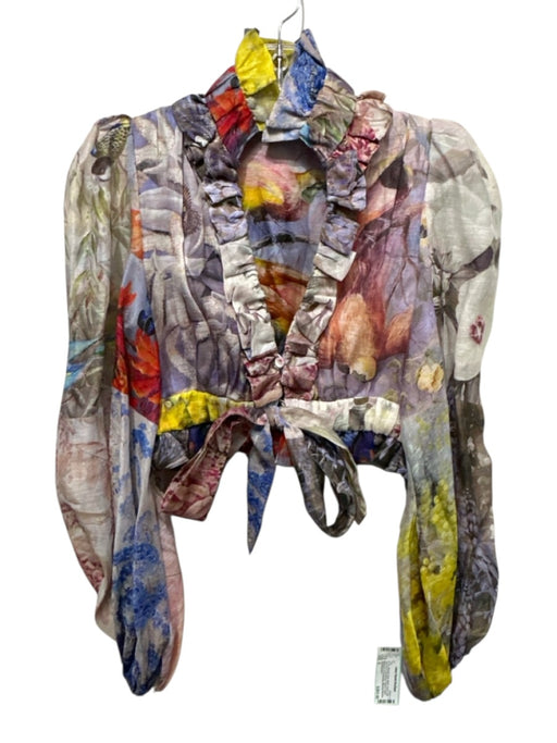 Zimmermann Size 0 Multi Linen & Silk Bird Print Long Balloon Sleeve Crop Top Multi / 0
