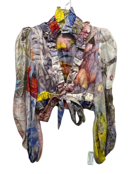 Zimmermann Size 0 Multi Linen & Silk Bird Print Long Balloon Sleeve Crop Top Multi / 0
