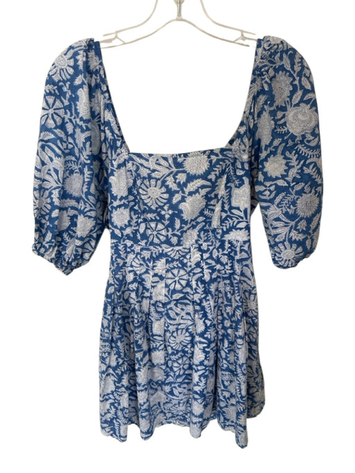 Madison Mathews Size S Blue & White Cotton Open Back Floral Mini Dress Blue & White / S