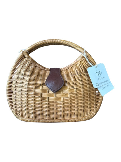 Jelavu Tan & Dark Brown Wicker Top Handle Basket Button Closure Hinge Purse Tan & Dark Brown / M
