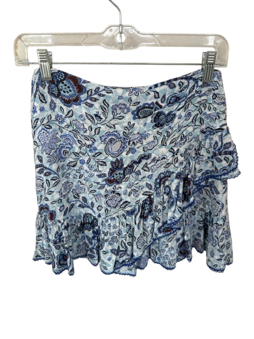 Poupette St. Barth Size S Blue Viscose Floral Knit Trim Scrunch Detail Skirt Blue / S