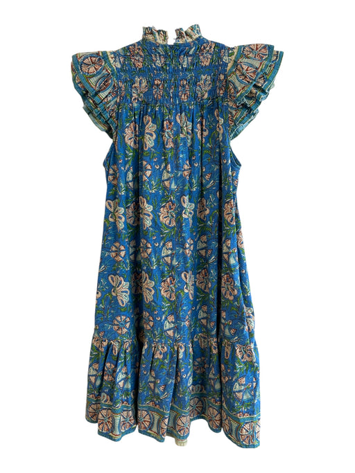 Love The Label Blue & Green Cotton Ruffle Cap Sleeve Paisley Empire Waist Dress Blue & Green
