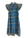 Love The Label Blue & Green Cotton Ruffle Cap Sleeve Paisley Empire Waist Dress Blue & Green