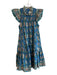 Love The Label Blue & Green Cotton Ruffle Cap Sleeve Paisley Empire Waist Dress Blue & Green