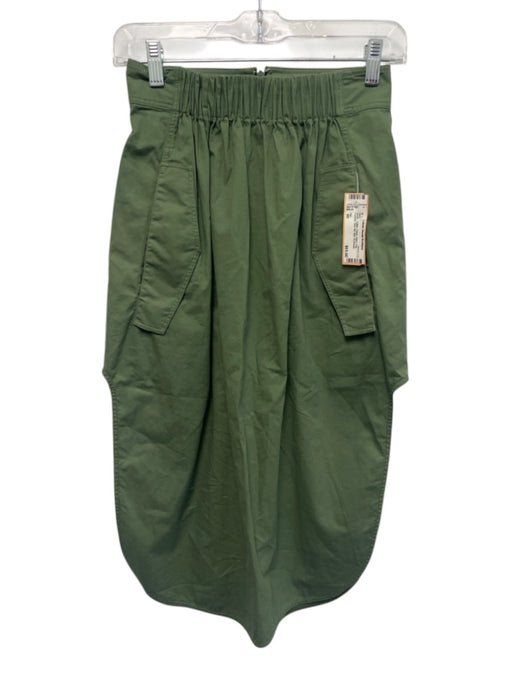 Tibi Size 00 Green Cotton Elastic Waist Flap Pockets Side Slit Midi Skirt Green / 00