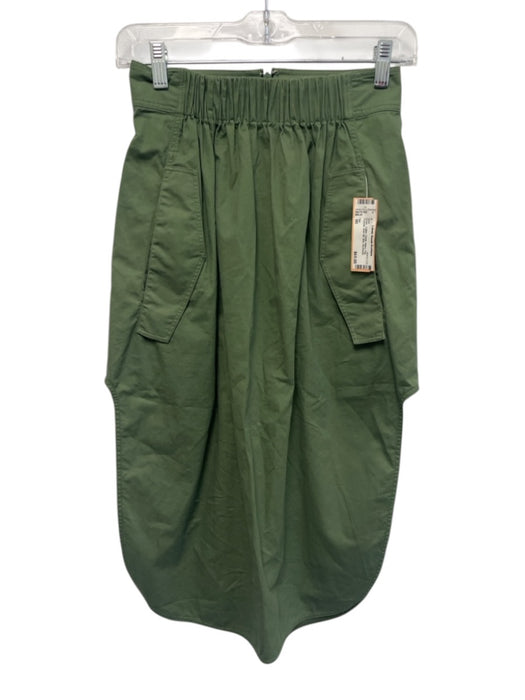 Tibi Size 00 Green Cotton Elastic Waist Flap Pockets Side Slit Midi Skirt Green / 00