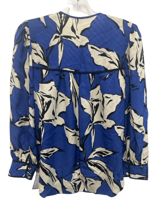 Veronica Beard Size 4 Blue, cream & black Silk Blend V Neck 1/2 Button Top Blue, cream & black / 4