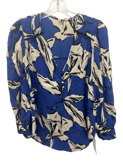 Veronica Beard Size 4 Blue, cream & black Silk Blend V Neck 1/2 Button Top Blue, cream & black / 4