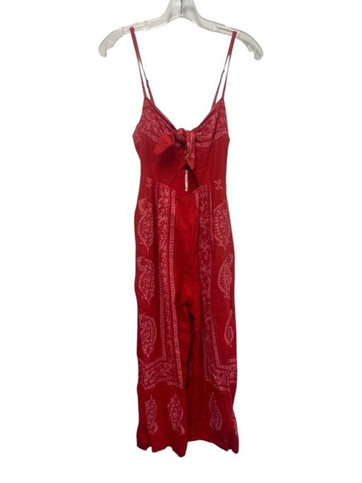 Free People Size 0 Red & Pink Linen Blend Paisley Print Knot Detail Jumpsuit Red & Pink / 0