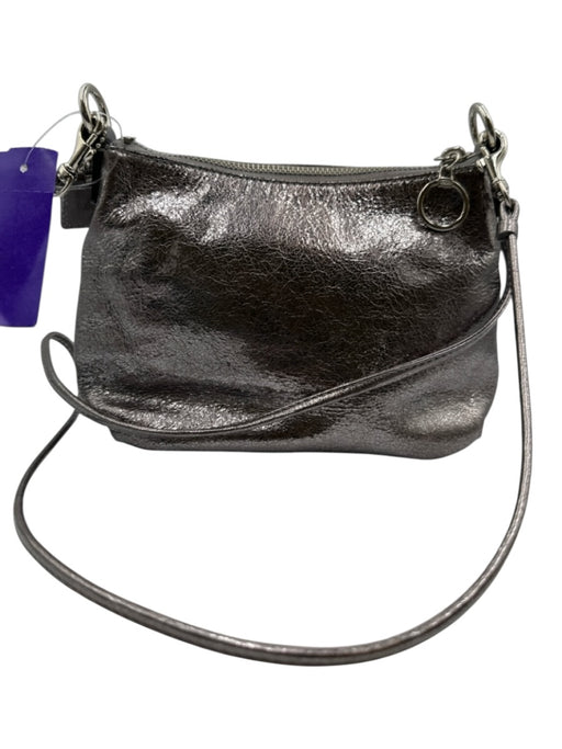 Coach Poppy Silver Leather Metallic Flap Pocket Zip Top Crossbody Bag Silver