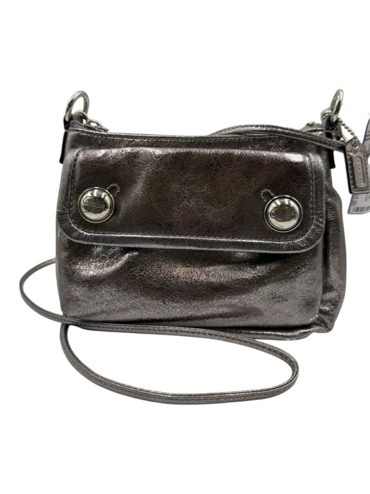 Coach Poppy Silver Leather Metallic Flap Pocket Zip Top Crossbody Bag Silver