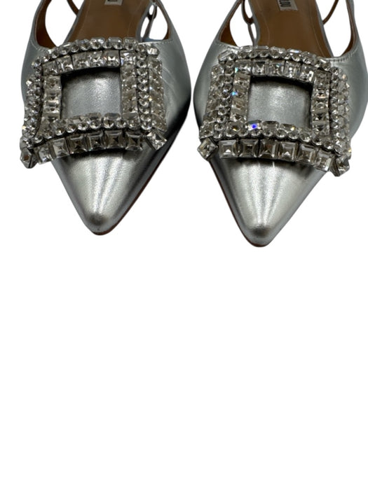 Bibi Lou Shoe Size 39 Silver Leather Pointed Toe Rhinestone Square Buckle Flats Silver / 39