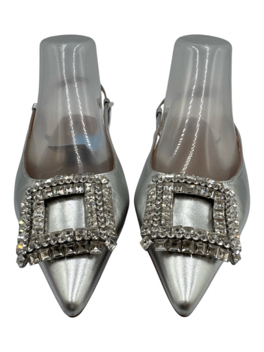 Bibi Lou Shoe Size 39 Silver Leather Pointed Toe Rhinestone Square Buckle Flats Silver / 39
