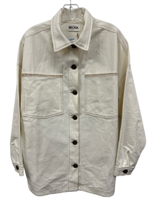 Becasa Size S/M Cream White Cotton Collar Neck Button Close 3/4 Sleeve Jacket Cream White / S/M