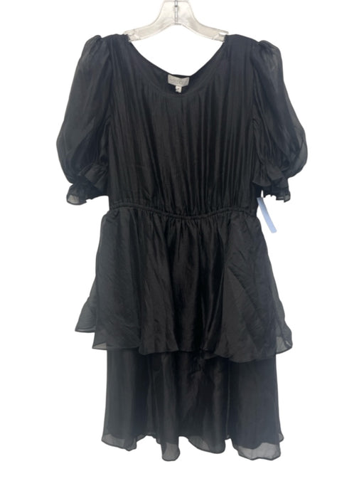 S'edge Size Medium Black Polyester Short Puff Sleeve Elastic Waist Tiered Dress Black / Medium