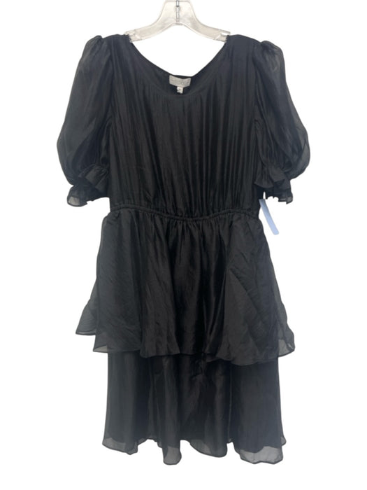 S'edge Size Medium Black Polyester Short Puff Sleeve Elastic Waist Tiered Dress Black / Medium