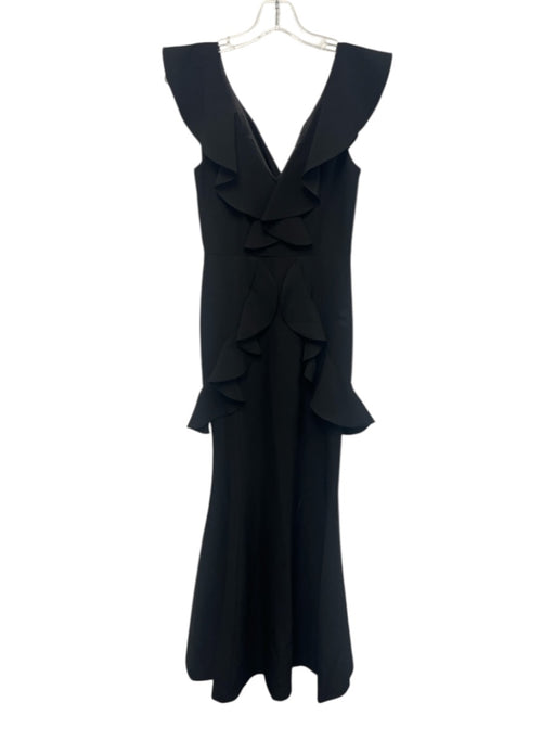 Gianni Bini Size 0 Black Polyester Blend Ruffle Cap Sleeve V Neck Side Zip Gown Black / 0