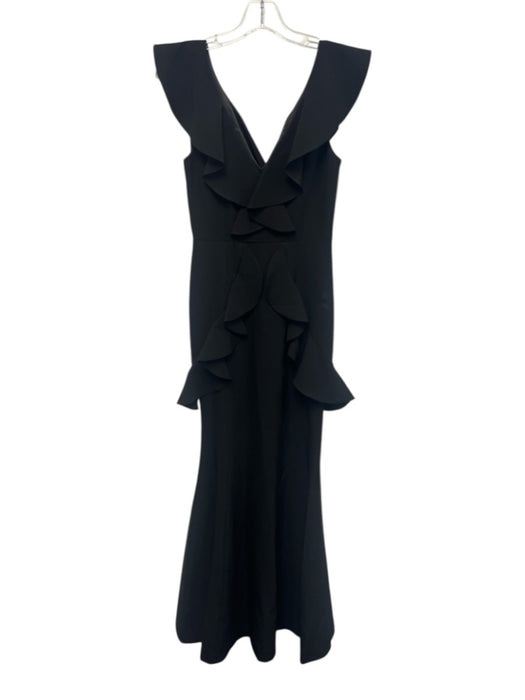 Gianni Bini Size 0 Black Polyester Blend Ruffle Cap Sleeve V Neck Side Zip Gown Black / 0