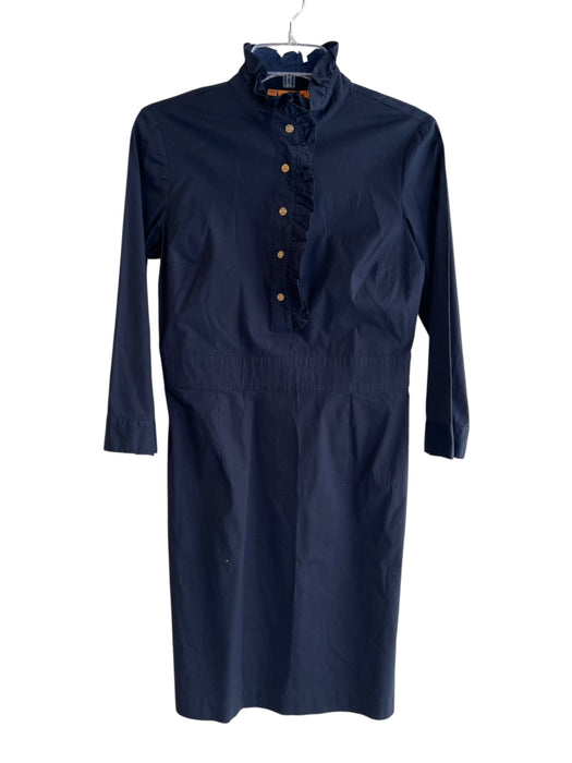 Tory Burch Size 8 Navy Cotton High Ruffle Neck 1/4 Button 1/2 sleeve Dress Navy / 8