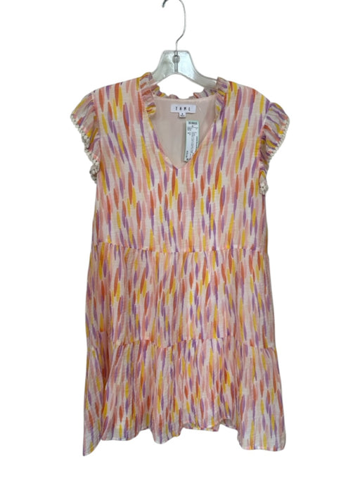 THML Size S Orange & Purple Polyester Flutter Sleeves Lines V Neck Dress Orange & Purple / S