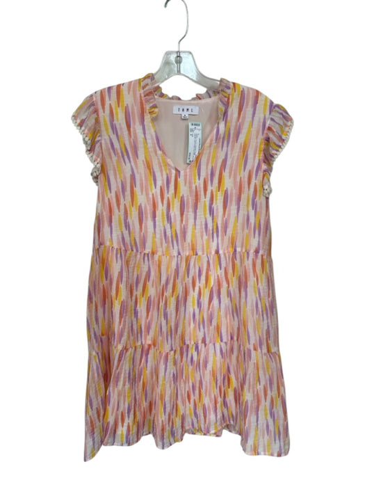 THML Size S Orange & Purple Polyester Flutter Sleeves Lines V Neck Dress Orange & Purple / S