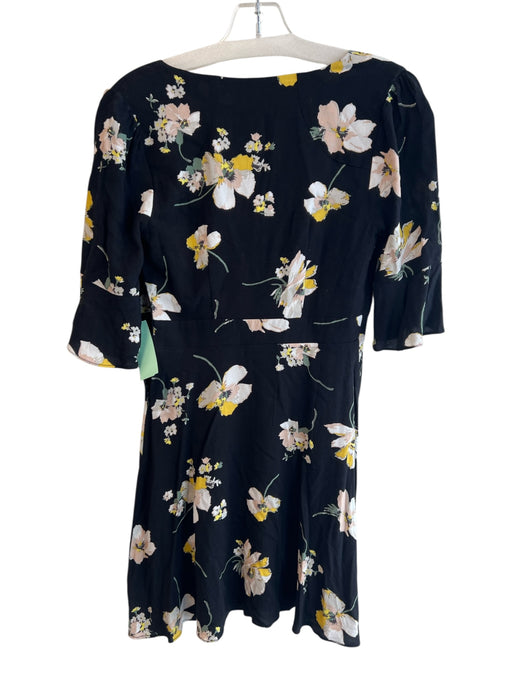 Free People Size 0 Black & Multi Rayon Short Sleeve Floral Print V Neck Dress Black & Multi / 0