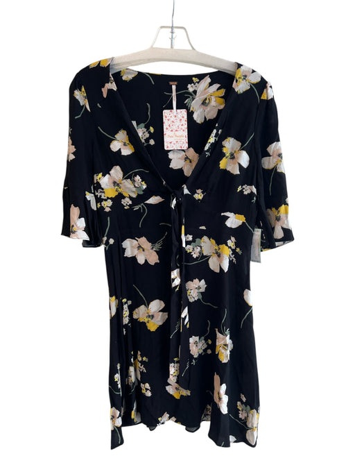 Free People Size 0 Black & Multi Rayon Short Sleeve Floral Print V Neck Dress Black & Multi / 0