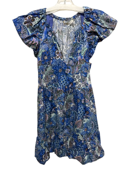 Marie Oliver Size XS Blue & Multi Cotton Split V Neck Short Puff Sleeve Dress Blue & Multi / XS