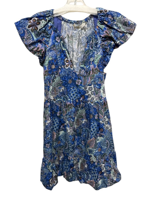Marie Oliver Size XS Blue & Multi Cotton Split V Neck Short Puff Sleeve Dress Blue & Multi / XS