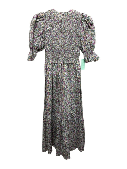 Pukatuka Size M White, Green, Purple Cotton Floral Short Puff Sleeve Maxi Dress White, Green, Purple / M