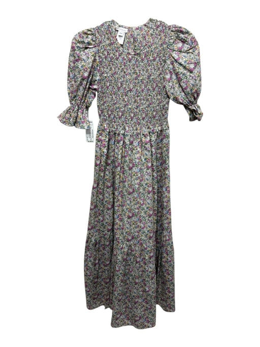 Pukatuka Size M White, Green, Purple Cotton Floral Short Puff Sleeve Maxi Dress White, Green, Purple / M