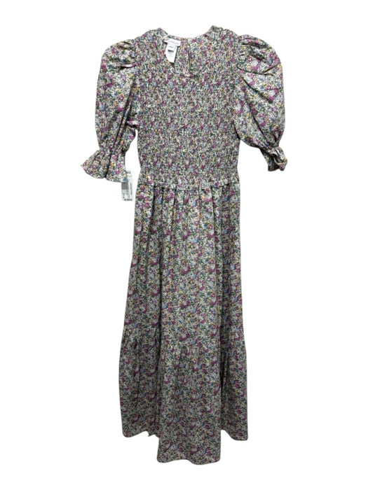 Pukatuka Size M White, Green, Purple Cotton Floral Short Puff Sleeve Maxi Dress White, Green, Purple / M